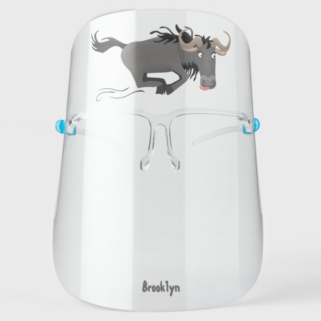 Funny wildebeest running cartoon illustration face shield (Front)