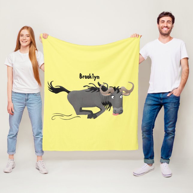 Funny wildebeest running cartoon illustration  fleece blanket (In Situ)