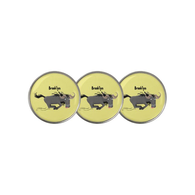Funny wildebeest running cartoon illustration golf ball marker (3 Up)