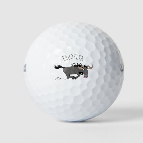 Funny wildebeest running cartoon illustration golf balls