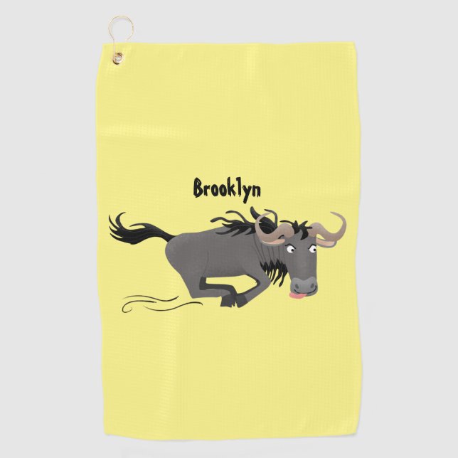 Funny wildebeest running cartoon illustration golf towel (Front)