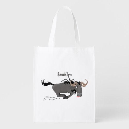 Funny wildebeest running cartoon illustration  grocery bag