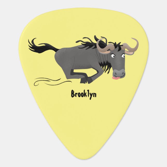Funny wildebeest running cartoon illustration  guitar pick (Front)