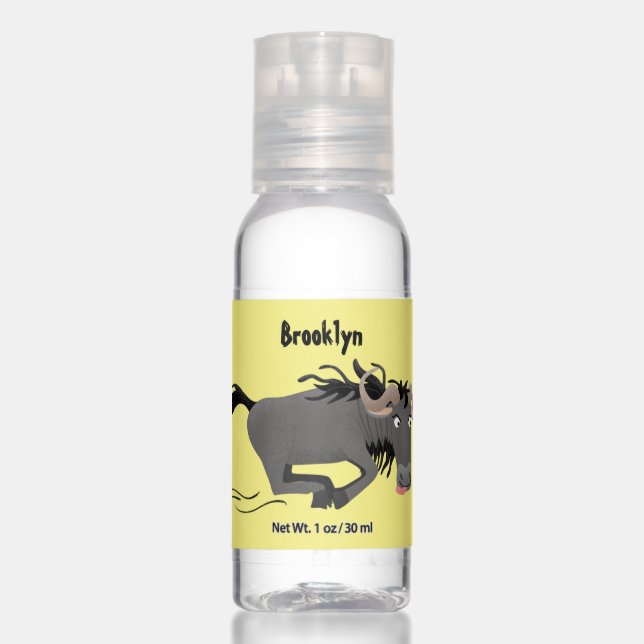 Funny wildebeest running cartoon illustration hand sanitizer (Front)