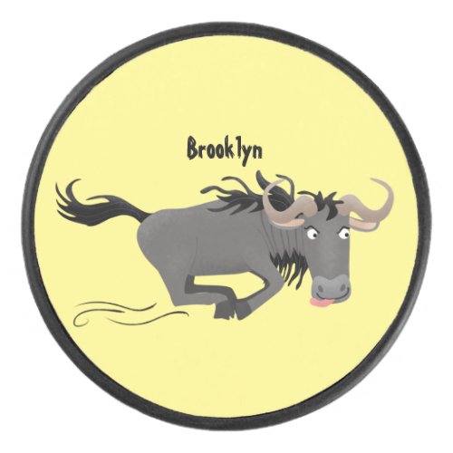 Funny wildebeest running cartoon illustration hockey puck