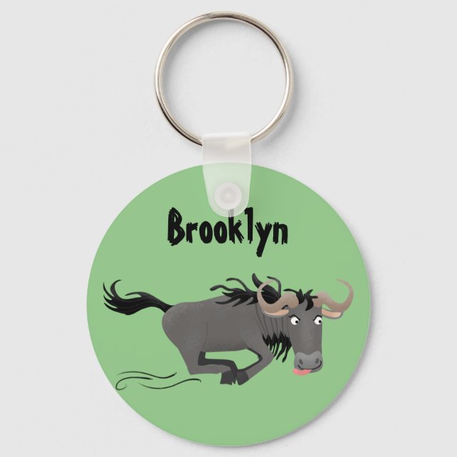 Funny wildebeest running cartoon illustration keychain (Front)