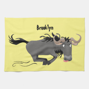 Funny wildebeest running cartoon illustration kitchen towel