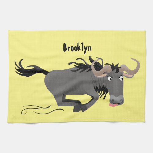 Funny wildebeest running cartoon illustration kitchen towel