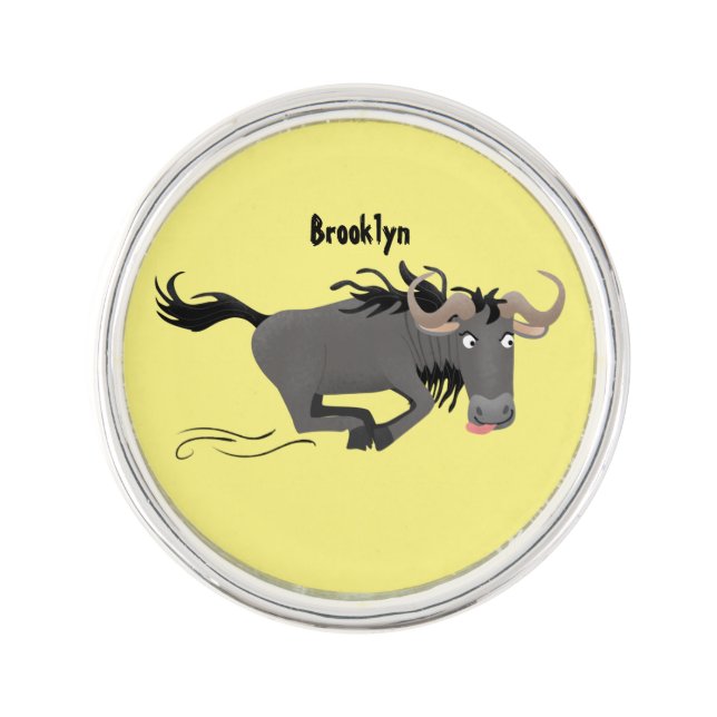Funny wildebeest running cartoon illustration lapel pin (Front)