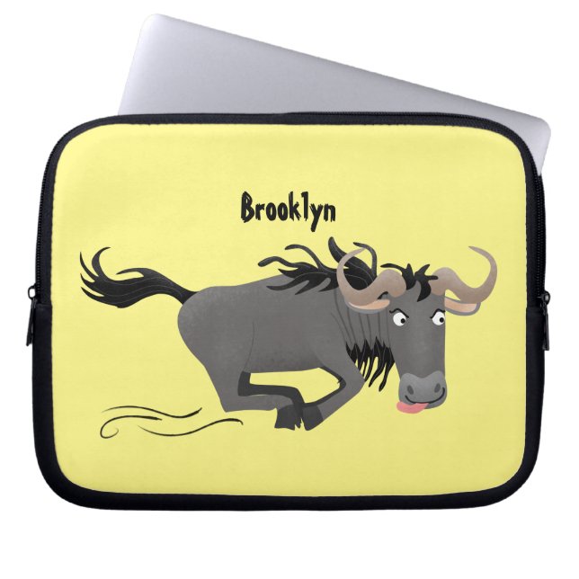Funny wildebeest running cartoon illustration laptop sleeve (Front)