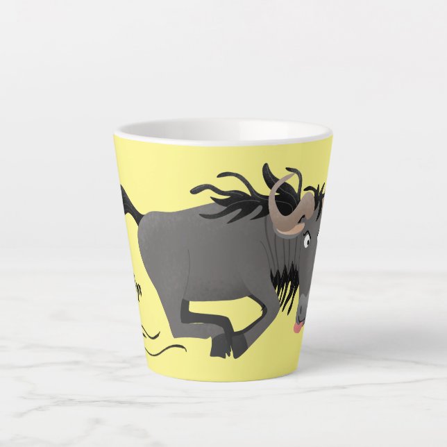 Funny wildebeest running cartoon illustration latte mug (Front)