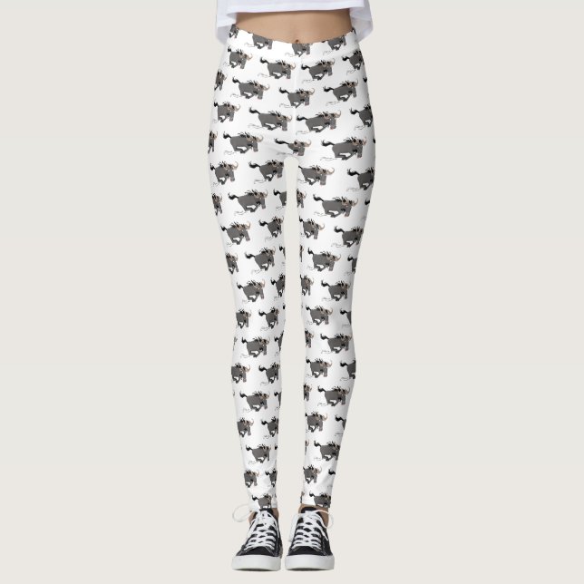 Funny wildebeest running cartoon illustration  leggings (Front)