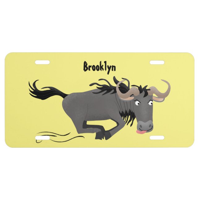 Funny wildebeest running cartoon illustration license plate (Front)