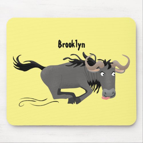 Funny wildebeest running cartoon illustration mouse pad