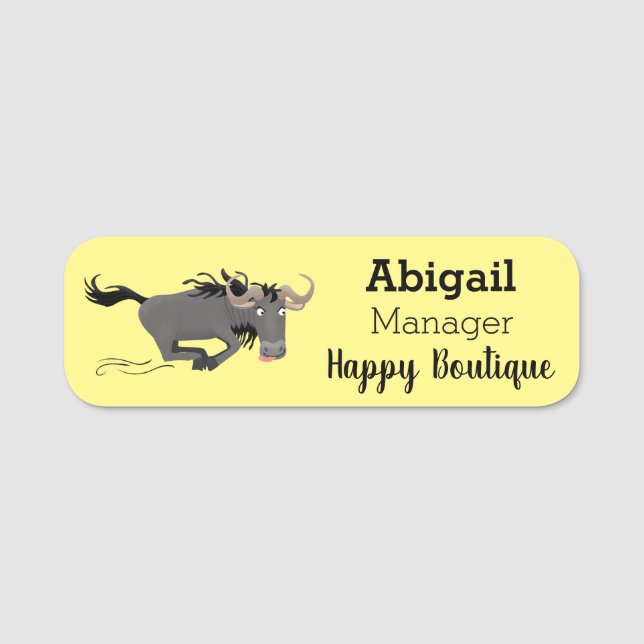 Funny wildebeest running cartoon illustration name tag (Front)