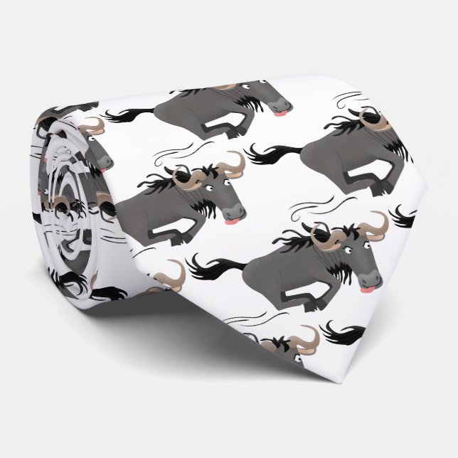 Funny wildebeest running cartoon illustration neck tie (Rolled)