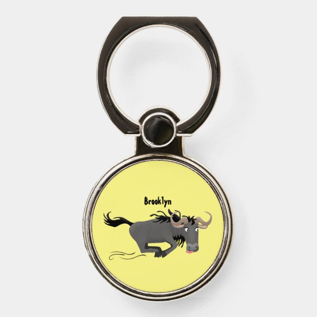 Funny wildebeest running cartoon illustration  phone ring stand (Front)