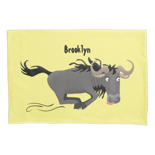 Funny wildebeest running cartoon illustration  pillow case