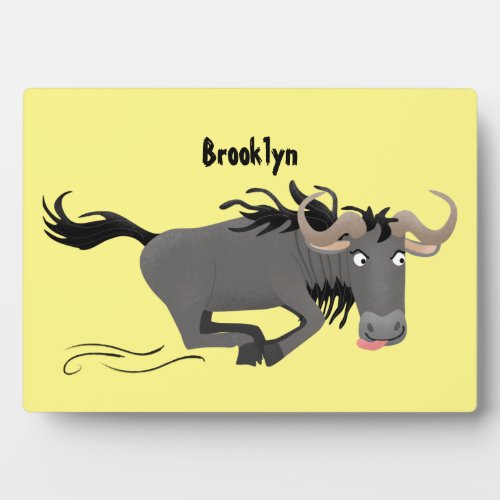 Funny wildebeest running cartoon illustration plaque