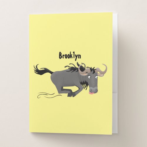 Funny wildebeest running cartoon illustration pocket folder