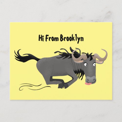 Funny wildebeest running cartoon illustration postcard
