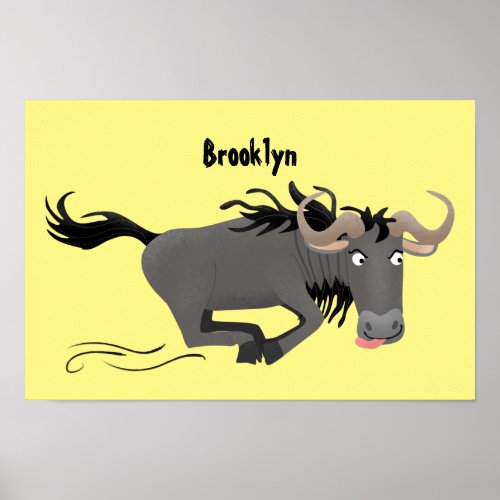 Funny wildebeest running cartoon illustration poster