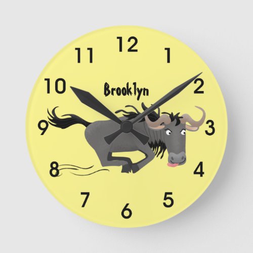 Funny wildebeest running cartoon illustration round clock