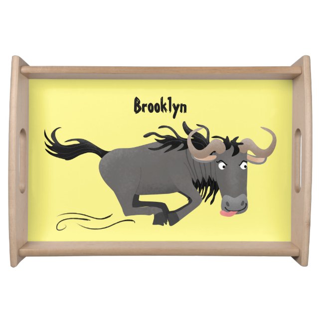 Funny wildebeest running cartoon illustration serving tray (Front)