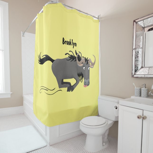 Funny wildebeest running cartoon illustration shower curtain (In Situ)