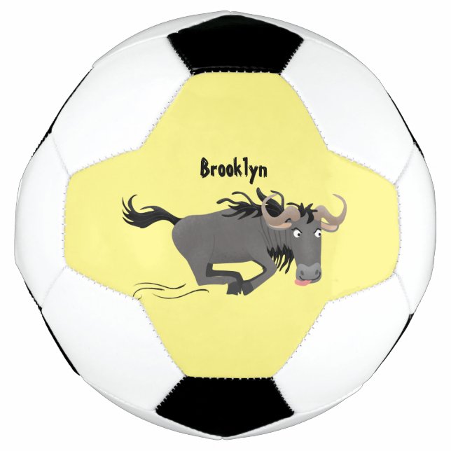 Funny wildebeest running cartoon illustration soccer ball (Front)