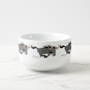 Funny wildebeest running cartoon illustration  soup mug
