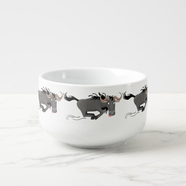 Funny wildebeest running cartoon illustration  soup mug (Front)