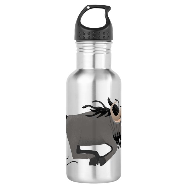 Funny wildebeest running cartoon illustration  stainless steel water bottle (Front)