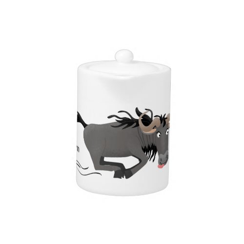 Funny wildebeest running cartoon illustration teapot