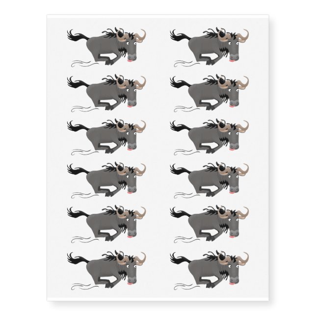 Funny wildebeest running cartoon illustration temporary tattoos (Front)