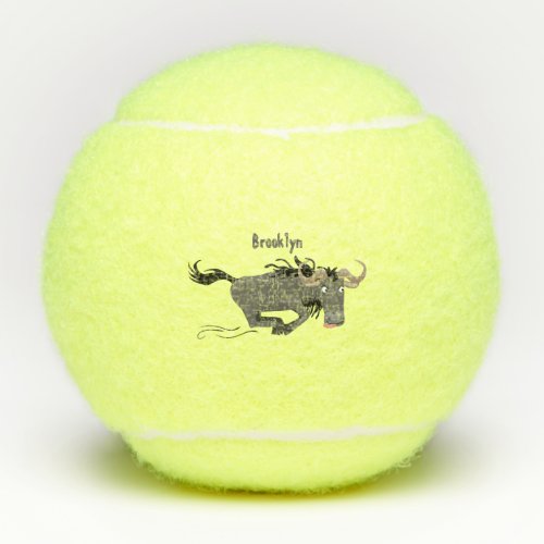 Funny wildebeest running cartoon illustration tennis balls