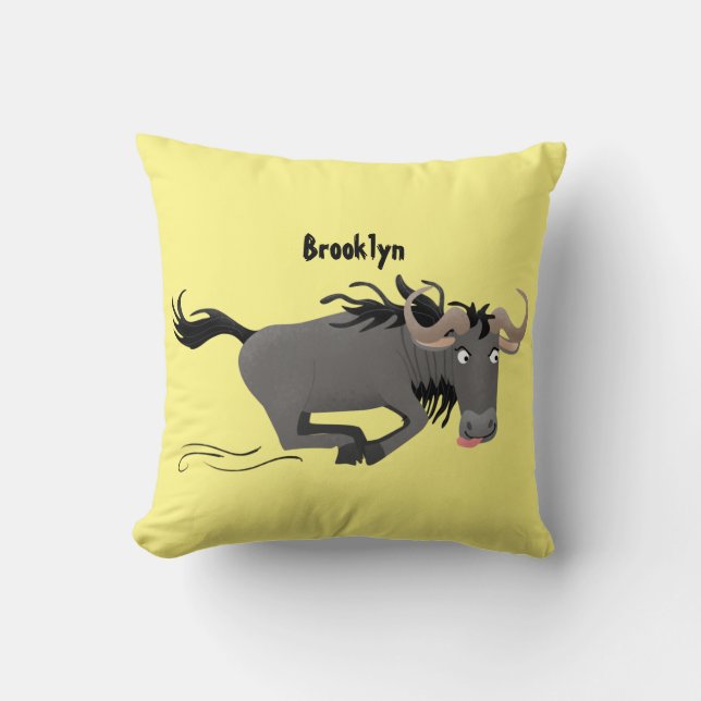 Funny wildebeest running cartoon illustration throw pillow (Front)