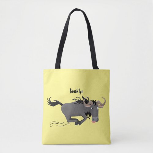 Funny wildebeest running cartoon illustration tote bag