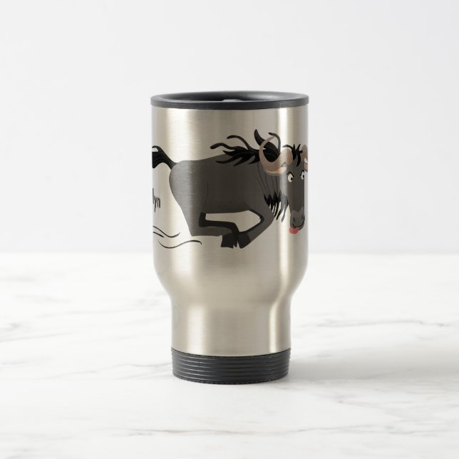 Funny wildebeest running cartoon illustration travel mug (Center)