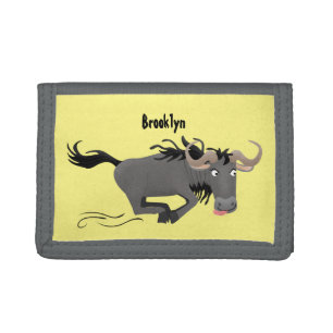 Funny wildebeest running cartoon illustration tri-fold wallet