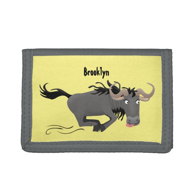 Funny wildebeest running cartoon illustration trifold wallet (Front)