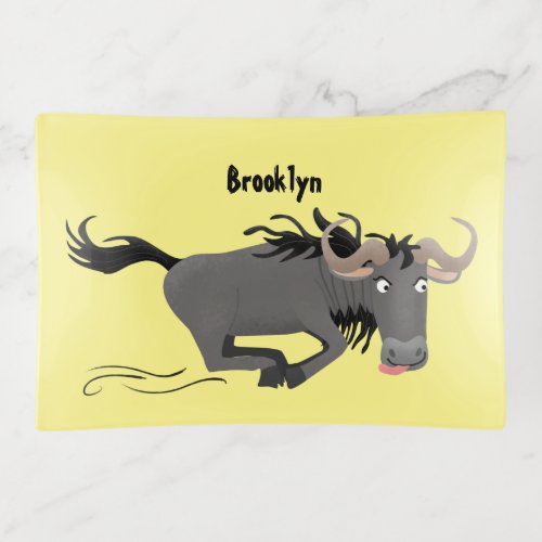 Funny wildebeest running cartoon illustration  trinket tray