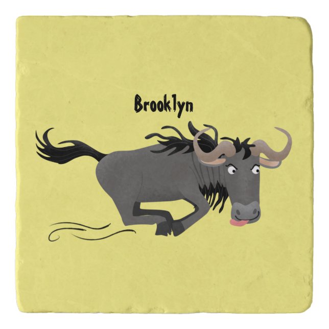 Funny wildebeest running cartoon illustration  trivet (Front)