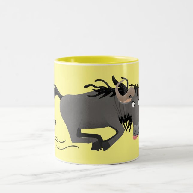 Funny wildebeest running cartoon illustration Two-Tone coffee mug (Center)