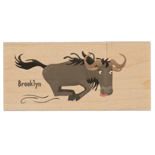 Funny wildebeest running cartoon illustration wood flash drive
