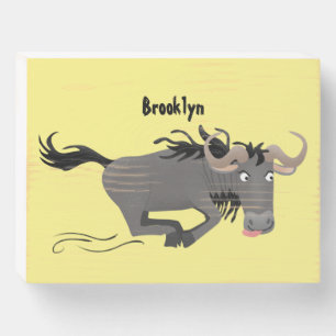 Funny wildebeest running cartoon illustration wooden box sign
