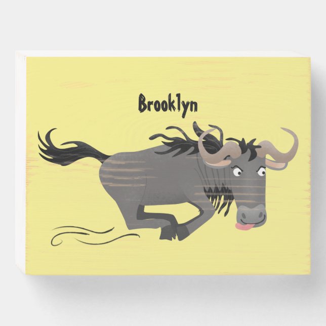 Funny wildebeest running cartoon illustration wooden box sign (Front Horizontal)