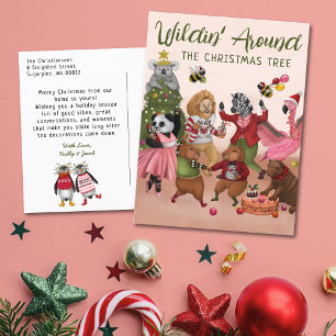 Funny Wilding Around the Christmas Tree Holiday Postcard