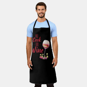 Funny "Will Cook for Wine" Black and Red Humorous  Apron