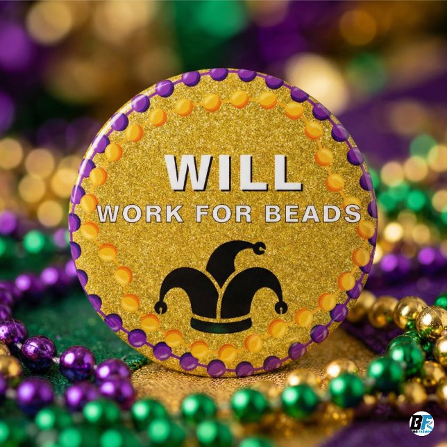 Funny Will Work For Beads Mardi Gras Jester Glitte Button (Creator Uploaded)